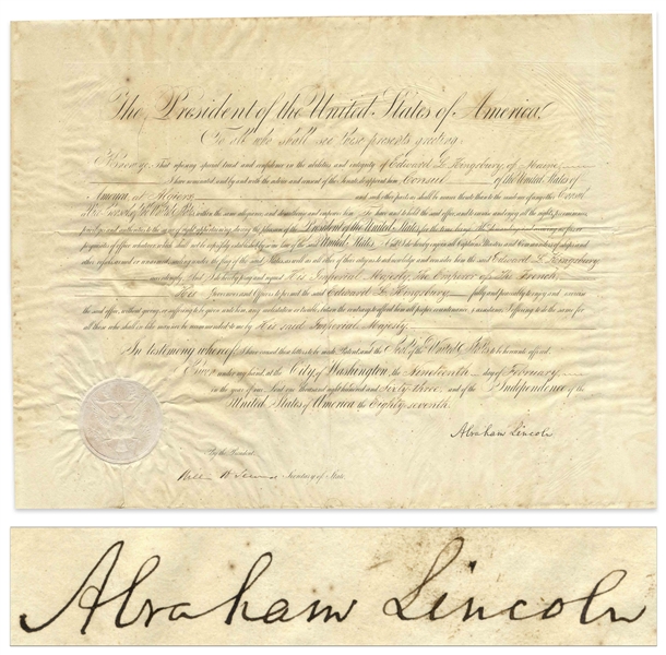 Abraham Lincoln Document Signed as President, Appointing Edward L. Kingsbury U.S. Consul to Algiers -- With a Bold, Full ''Abraham Lincoln'' Signature
